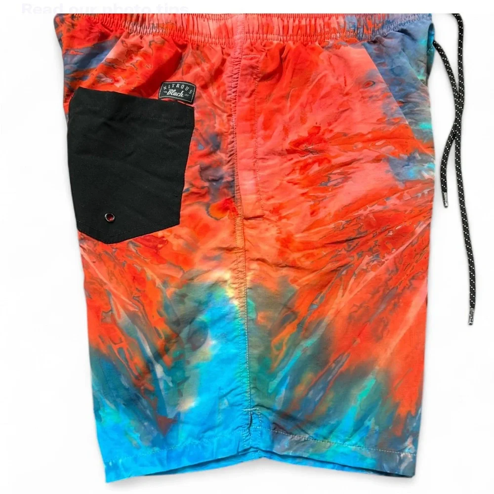 NITROUS BLACK Red and Blue Swim Trunks Vibrant Tie-Dye Design S